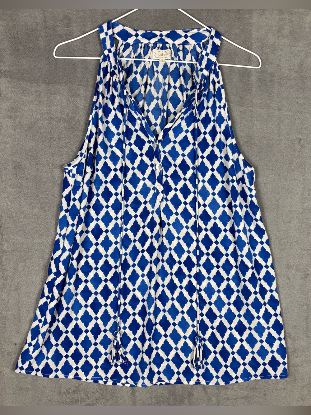 Mud Pie‎ Blue White Geometric Sleeveless Tunic Top Tank Blouse M Cover-up Dress